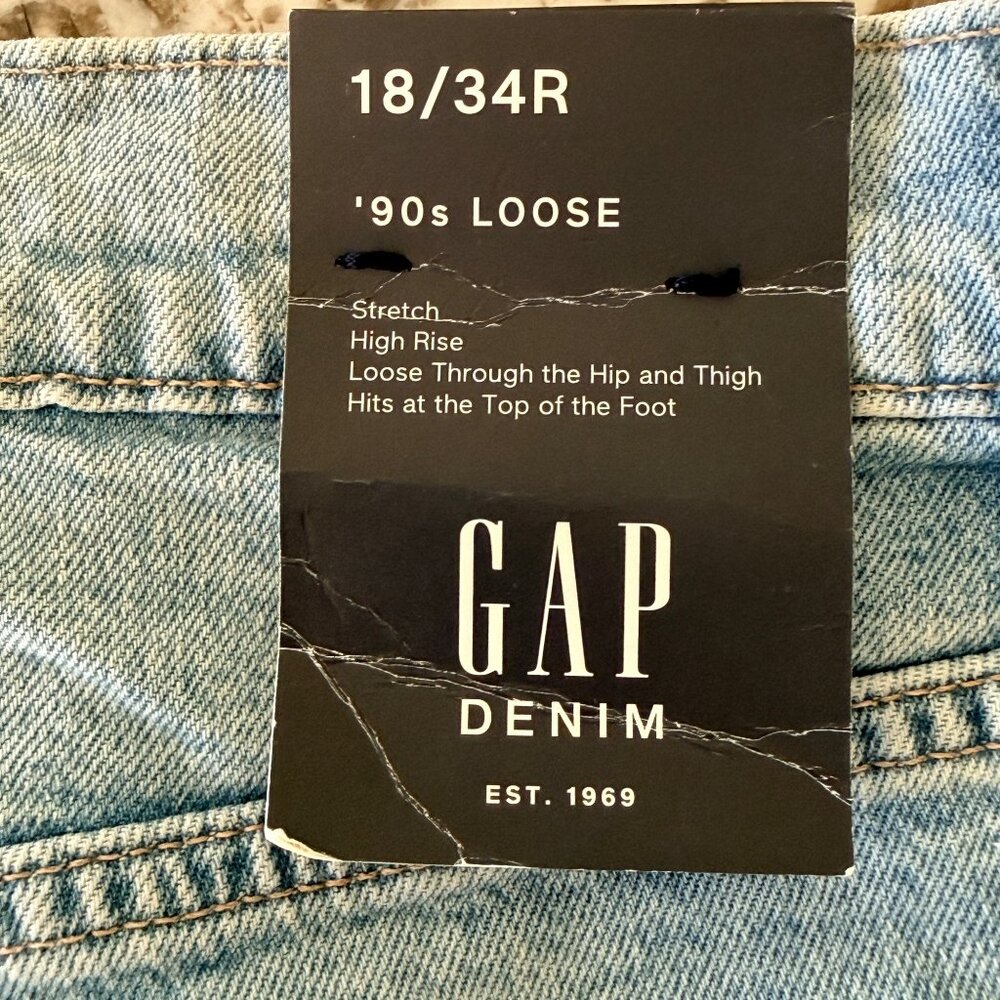 Gap Denim Jeans Mens 18/34R Light Wash 90s Loose Fit Distressed Stretch - Picture 7 of 10